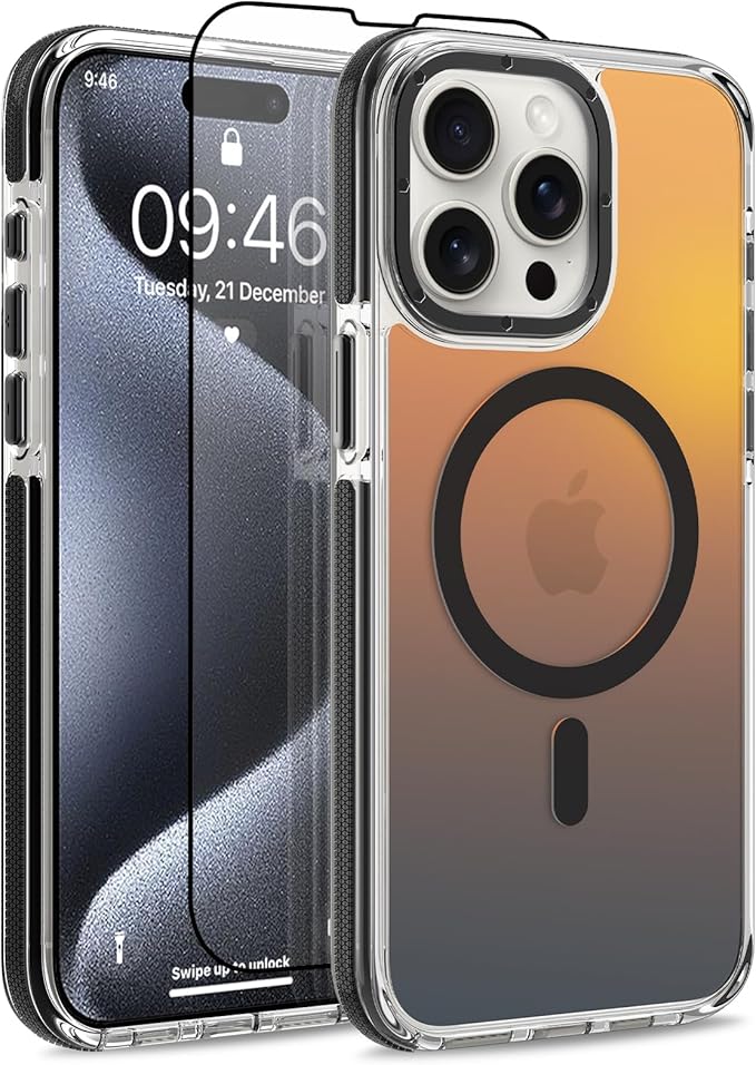 MOWIME Magnetic Case for iPhone 15 Pro Max [Compatible with Magsafe] [Cute Fashion Fluorescent Design] [1 Screen Protector] Slim Translucent Matte Case for iPhone 15 Pro Max 6.7" 2023, Black