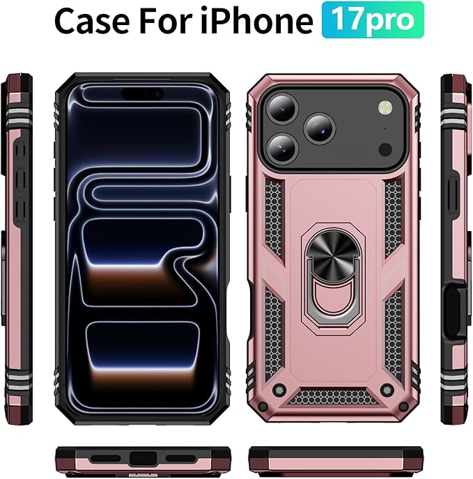 ADDIT Compatible with iPhone 17 Pro Case with Tempered Glass Screen Protector, Adjustable Kickstand Ring, Military-Grade Heavy Duty Protection, Shockproof, Anti-Fingerprint,Rose Gold