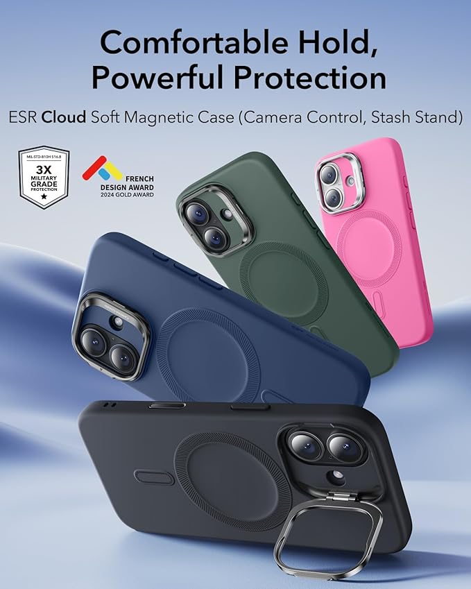 ESR Silicone Case for iPhone 17, Built-in Camera Stash Stand Compatible with MagSafe, Military-Grade Drop Protection Magnetic Phone Case for iPhone 17, Cloud Series, Black