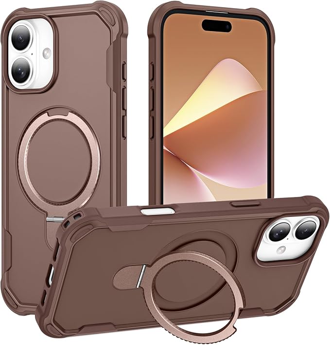 Compatible with iPhone 16 Case with Invisible Magnetic Ring Stand [Compatible with Magnetic] [Military Drop Protection] Shockproof Slim Hard Back Soft Edge Case 6.1 Inch, Khaki