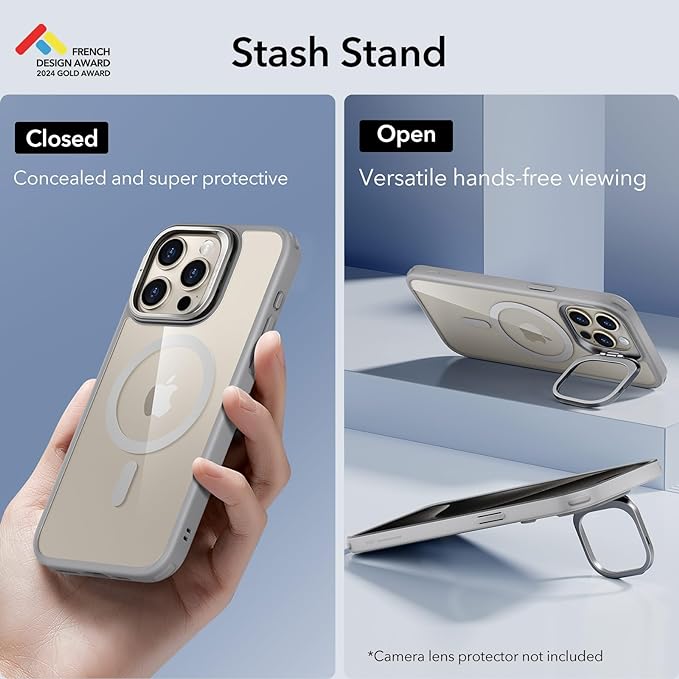 ESR for iPhone 15 Pro Max Case, Compatible with MagSafe, Military-Grade Protective Case, Built-in Stash Stand Phone Case, Scratch-Resistant Back Cover, Classic Series,Clear Grey