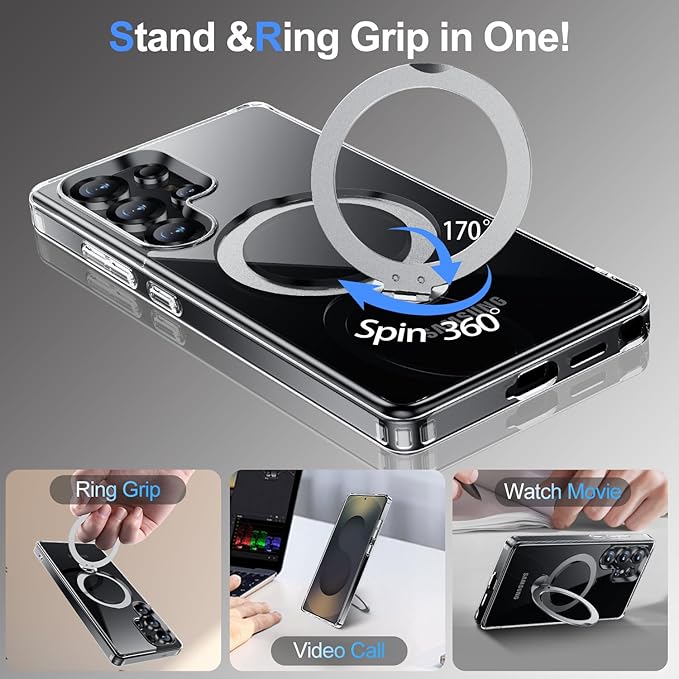 360° Rotatable Stand for Samsung Galaxy S25 Ultra Case Magnetic with Screen Protector X1 & Camera Lens Protector*1, Compatible with MagSafe, 16FT Mil-Grade Shockproof Case for S25 Ultra 6.9", Clear