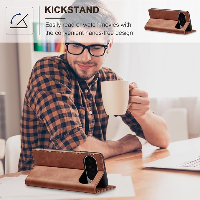 Jasonyu Flip Wallet Case for Google Pixel 10 Pro XL 5G,Leather Magnetic Folio Cover with Card Holder,Kickstand - TPU Shockproof Durable Protective Phone Case,Brown