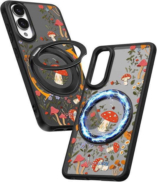 for Samsung Galaxy S25 Edge Case with 360° Rotatable Magnetic Ring - Compatible with MagSafe, Semi-Transparent Soft-Touch Material Shockproof, Cute Mushroom Design for Women Girl