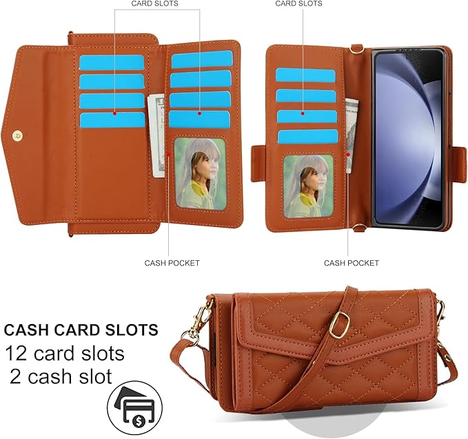 for Samsung Galaxy Z Fold 7 Wallet Case - Stitching Pattern RFID Blocking Card Holder, S Pen Slot Crossbody Strap, Full Body Protection Flip Cover for Women Brown