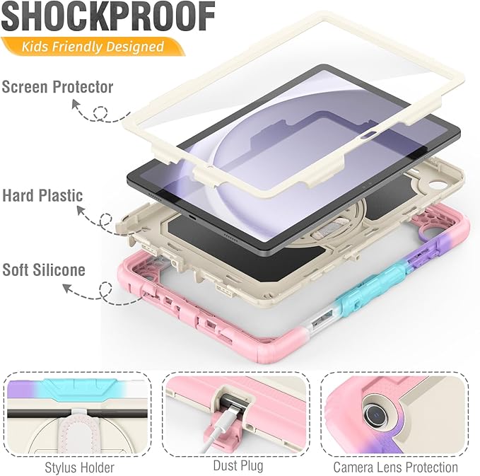 HXCASEAC Case for Samsung Galaxy Tab A9+ Plus 11 Inch, Protective with Screen Protector/Hand Strap/Pen Holder, Sturdy Shockproof Galaxy A9 Plus Tablet Case 2023 SM-X210/X216/X218 - Pink