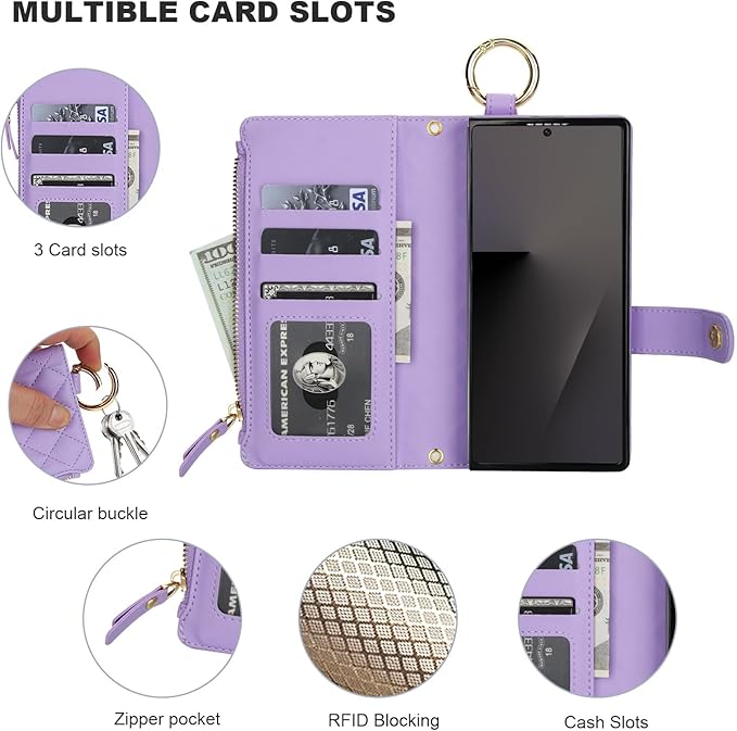 KIHUWEY for Galaxy Z Fold 7 Wallet Case with Card Holder Premium Leather Magnetic RFID Blocking Shockproof Zipper Wrist Strap Lanyard Cover for Samsung Galaxy Z Fold 7 8.0 Inch (Purple)