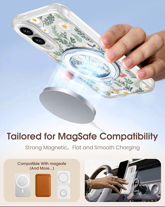 for Samsung Galaxy S25 Edge Case with 360° Rotatable Magnetic Ring - Compatible with MagSafe, Semi-Transparent Soft-Touch Material Shockproof, Cute Daisy Flower Design for Women Girl