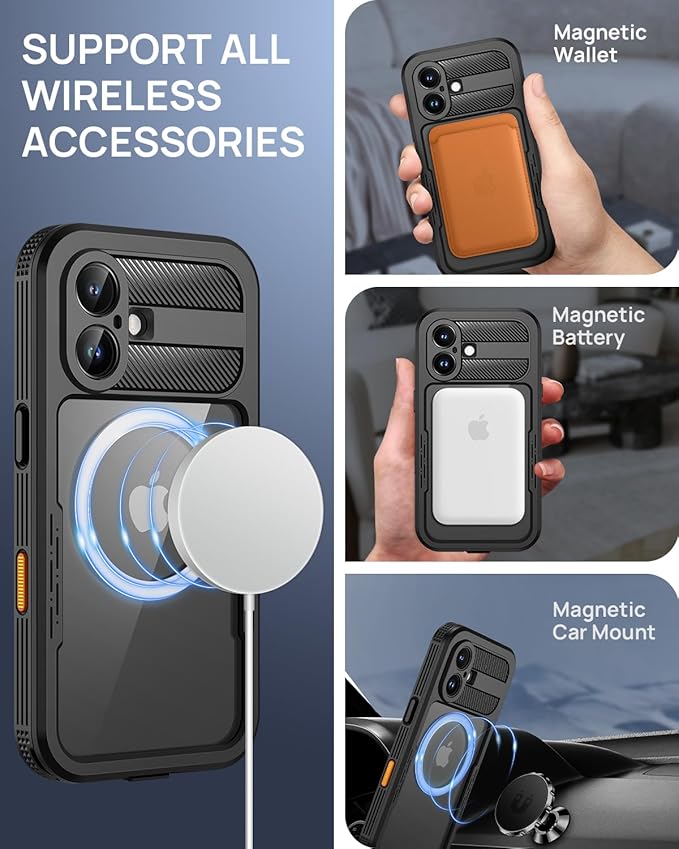 Lanhiem Magnetic Case for iPhone 16 Plus, IP68 Waterproof Dustproof Phone Case, [Compatible with Magsafe] [Built-in Screen Protector] Full Body Heavy Duty Rugged Phone Cover 6.7 inch, Black