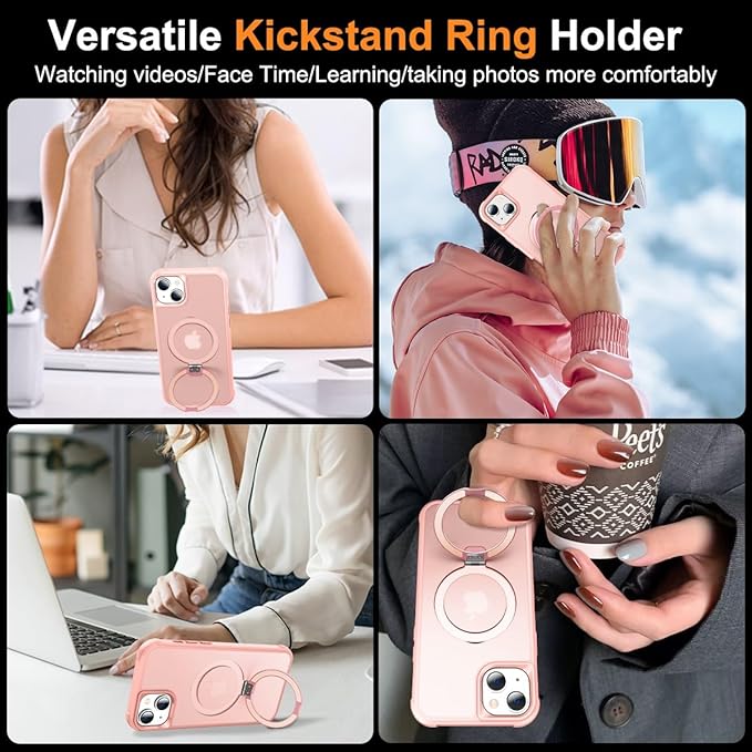 Magnetic Compatible with iPhone 15 Plus Case with Stand [Military Grade Drop Tested][Compatible with Magnet] Ring Translucent Slim Hard Back Soft Edge, Pink