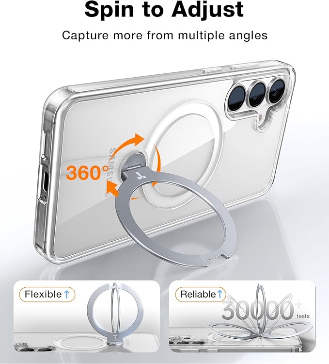 TORRAS 360° Spin for Samsung Galaxy S25 Case with Stand, Fit for MagSafe, 3X Military Grade Protective, Rotatable Kickstand for Samsung S25 Case, Magnetic Ring Slim Hard Cover, Crystal Clear 6.2''