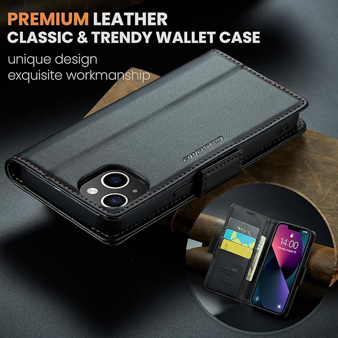 for iPhone 14 Case, Premium PU Leather Wallet Case Flip Cover with [RFID Blocking][Card Holder][Stand Function] Shockproof Protective for iPhone 14 6.1 inch, Black