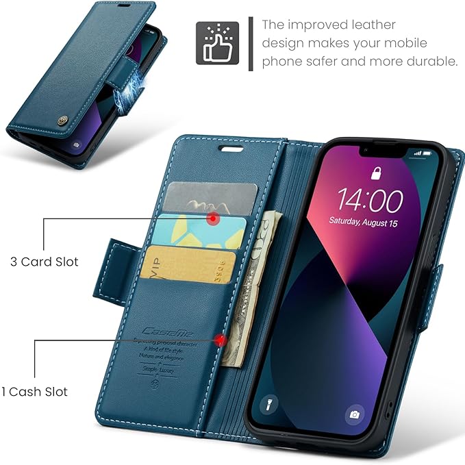 for iPhone 13 Case, Premium PU Leather Wallet Case Flip Cover with [RFID Blocking][Card Holder][Stand Function] Shockproof Protective for iPhone 13 6.1 inch, Blue