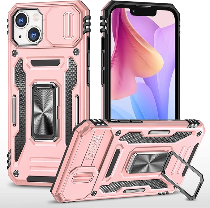 Phone Case for iPhone 14 Case with Camera Cover, with Ring Holder Kickstand, with Magnetic Car Mount Function, for iPhone 14 (Rose Gold)