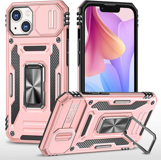 Phone Case for iPhone 14 Case with Camera Cover, with Ring Holder Kickstand, with Magnetic Car Mount Function, for iPhone 14 (Rose Gold)