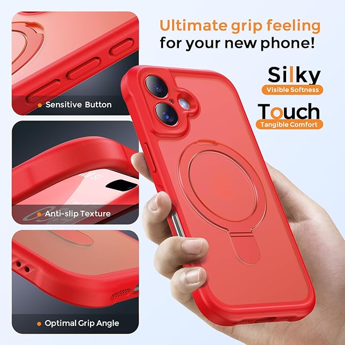 MOCCA Compatible with iPhone 17 Case with Magnetic Invisible Stand [Full Camera Protection] [Compatible with Magsafe] Military Drop Shockproof Translucent Matte Phone Case Cover 6.3",Red