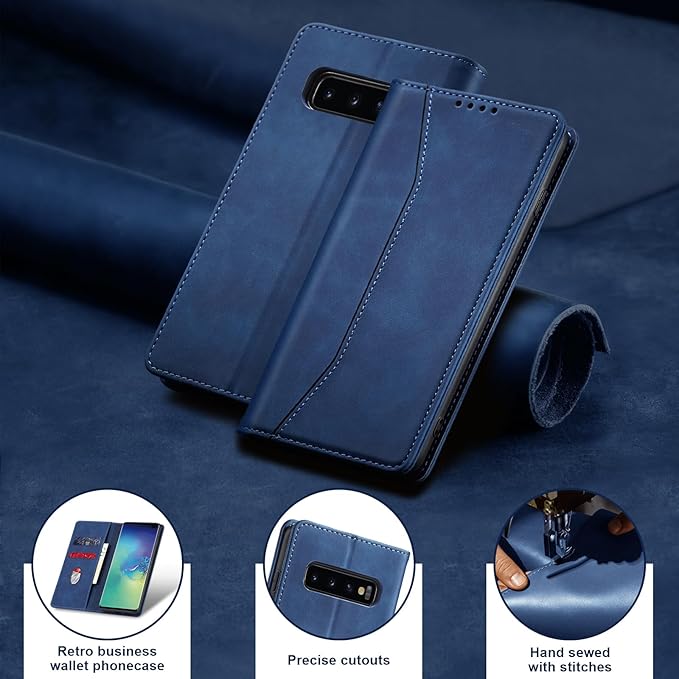 Jasonyu Flip Wallet Case for Samsung Galaxy S10 Plus,Leather Magnetic Folio Cover with Card Holder,Kickstand - TPU Shockproof Durable Protective Phone Case,Blue