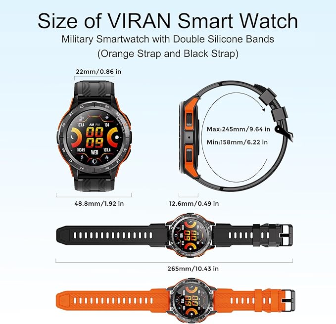 VIRAN Smart Watches for Men, 1.43'' AMOLED Fitness Watch with Pedometer and Heart Rate/Sleep/BP/Spo2 Monitor, Military Smart Watch for Android Phones and iPhone Compatible, 120+ Sports Modes (Orange)