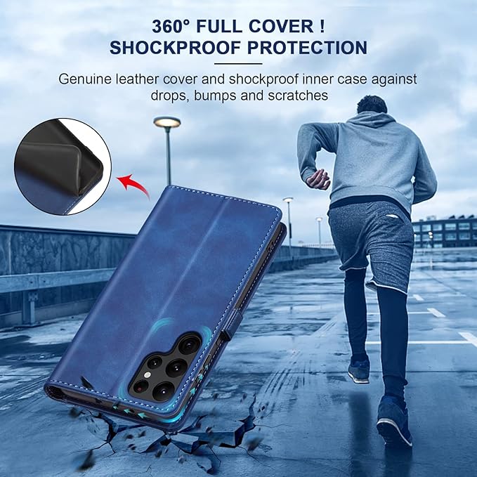 Jasonyu Flip Wallet Case for Samsung Galaxy S22 Ultra 5G,Leather Magnetic Folio Cover with Card Holder,Kickstand - TPU Shockproof Durable Protective Phone Case,Blue