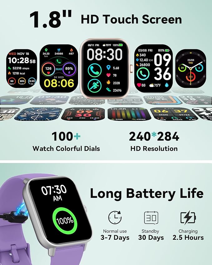 Smart Watches for Women/Men, Smart Watch for Android Phones and iPhone Compatible, Alexa Built-in, 1.8" Fitness Watches for Women, IP68 Waterproof/Bluetooth Call, Heart Rate/Sleep Monitor, Purple