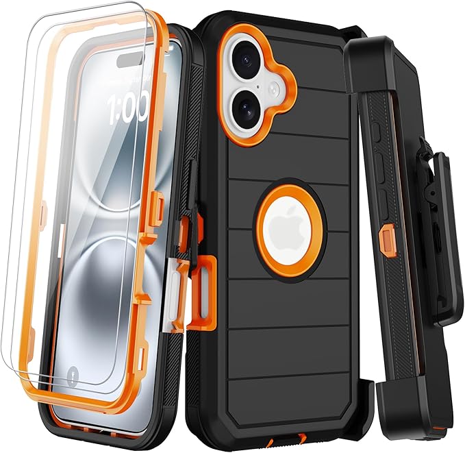 for iPhone 16 Case with 2 Screen Protectors,Heavy Duty Shockproof Drop Protection Military Grade Tri-Layer Rugged Cell Phone Cover with Belt Clip Holster & Kickstand for Apple 16 6.3“ Black Orange