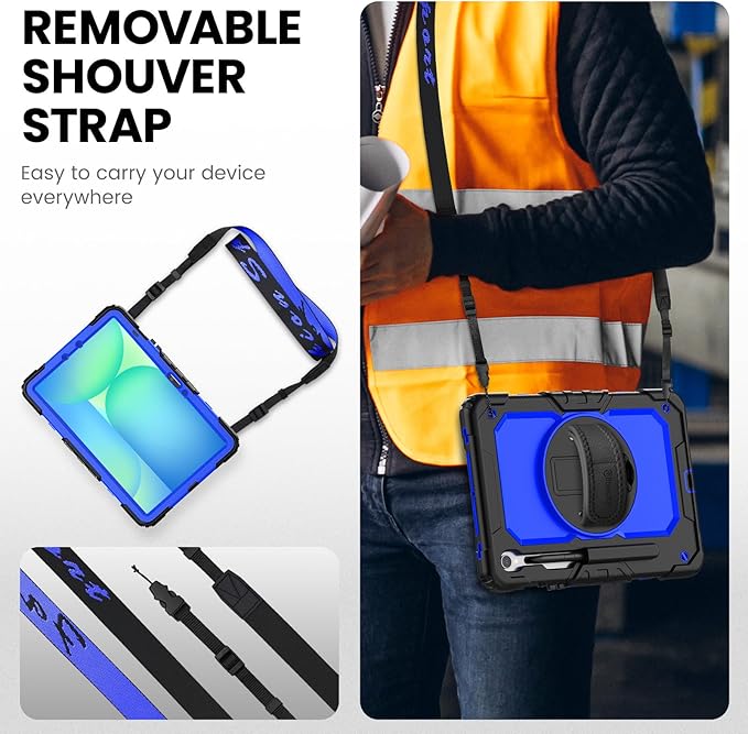 Timecity Case for Samsung Galaxy Tab S10 FE/ S9 FE 5G 10.9 Inch/ S9 11 Inch - Heavy Duty Protective Cover with Screen Protector, Rotating Stand, Shoulder Strap, S Pen Holder | Kids-Friendly, Dark Blue