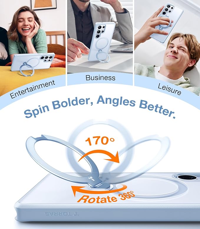 TORRAS 360° Spin Magnetic Stand for Samsung Galaxy S25 Ultra Case, Fit for Magsafe, Shockproof Slim Protective S25 Ultra Case with Kickstand for Women Men, Ostand Spin, Translucent Frosted Silverblue