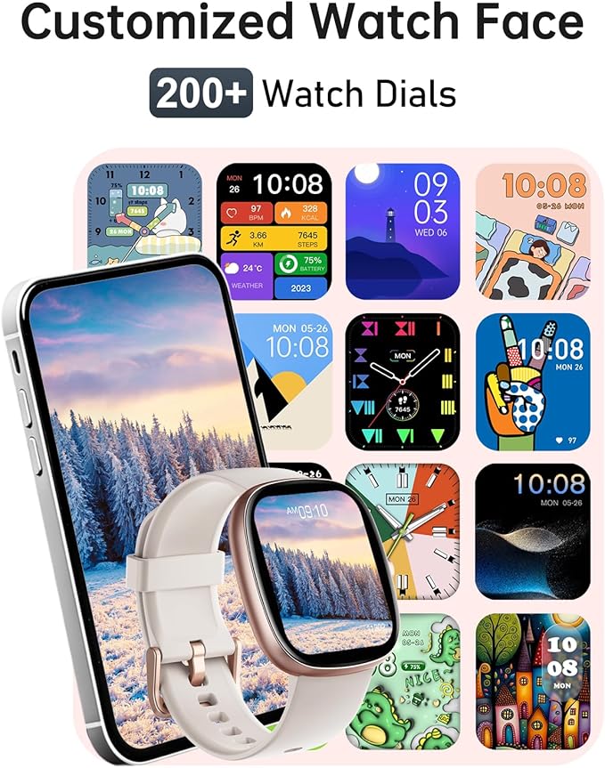 HUAKUA Smart Watches for Women Men (Answer/Make Calls), 1,85" HD Smart Watch for iPhone/Android Phones, Fitness Tracker with 100+ Sport Heart Rate/Sleep Monitor Pedometer IP68 Waterproof (Cream)