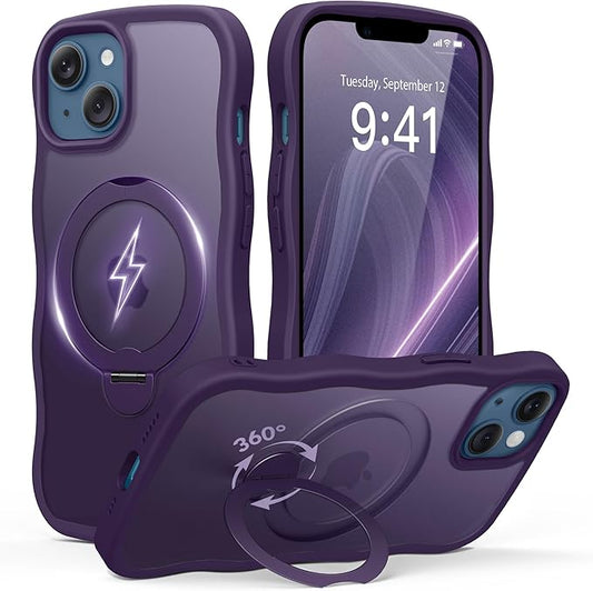 for iPhone 13 Case & iPhone 14 Case for Women,[Compatible with Magsafe][360° Spin Magnetic Stand][Cute Wave Edge][Military-Grade Protection]Translucent Matte Phone case for iPhone 13/14, Dark Purple