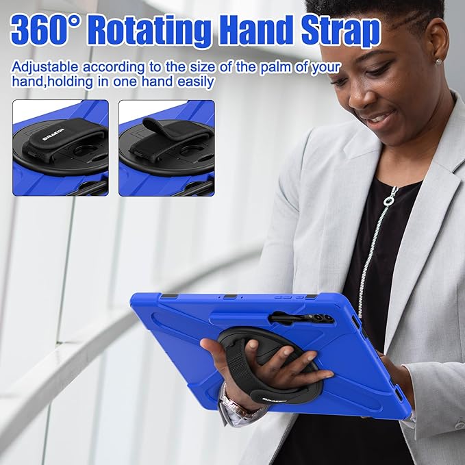 BRAECNstock for Samsung Galaxy Tab S10 Ultra/ S9 Ultra/ S8 Ultra Case 14.6" Shockporoof Protective Heavy Duty Kids Case with Pencil Holder [360 Rotating Strap]& Stand, Shoulder Strap, Blue
