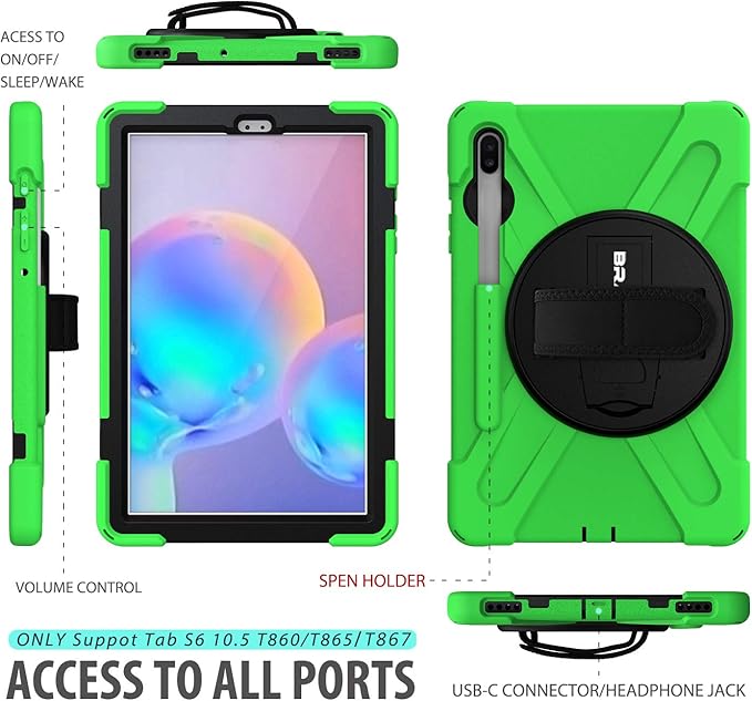 BRAECN for Galaxy Tab S6 Case with Pen Holder/Hand Strap/Rotating Stand/Shoulder Strap,Hybrid Heavy Duty Shockproof Case for 2019 Model 10.5 inch Galaxy Tab S6 Tablet(SM-T860/T865/T867)-Green