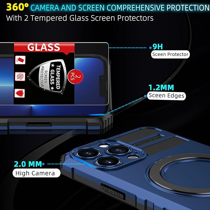 for iPhone 13 Pro Case Magnetic Compatible with MagSafe Wireless Charging,with 2 Screen Protector,with Kickstand Ring Shockproof Shock-Absorbent Heavy Duty Protection Scratch Resistant Blue