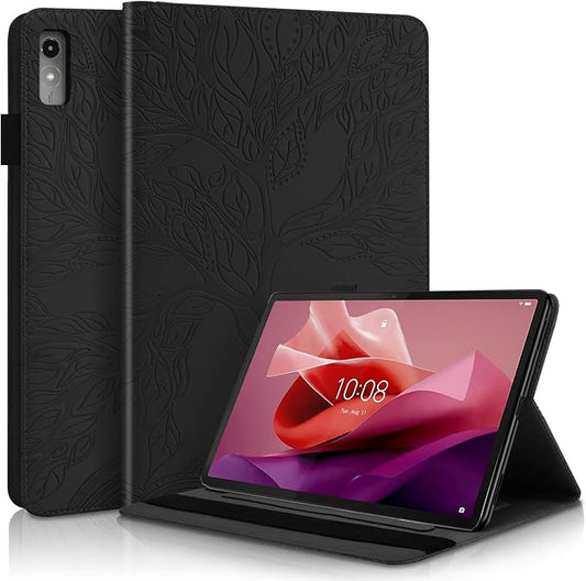 Case for Lenovo Tab P12 12.7 Inch 2023, PU Leather Cover Lightweight Flip Stand Shell with Elastic Band & Card Holder for Lenovo Tab P12 SM-TB370FU/TB371FC-Black