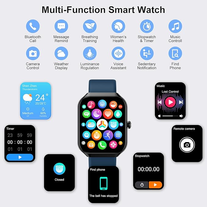 Smart Watch for Men Women (Answer/Make Call), 1.96"HD Smartwatch with Heart Rate/Sleep Monitor/Pedometer, 113+ Sports Fitness Tracker Watches, IP68 Waterproof Activity Tracker for Android iOS-Blue