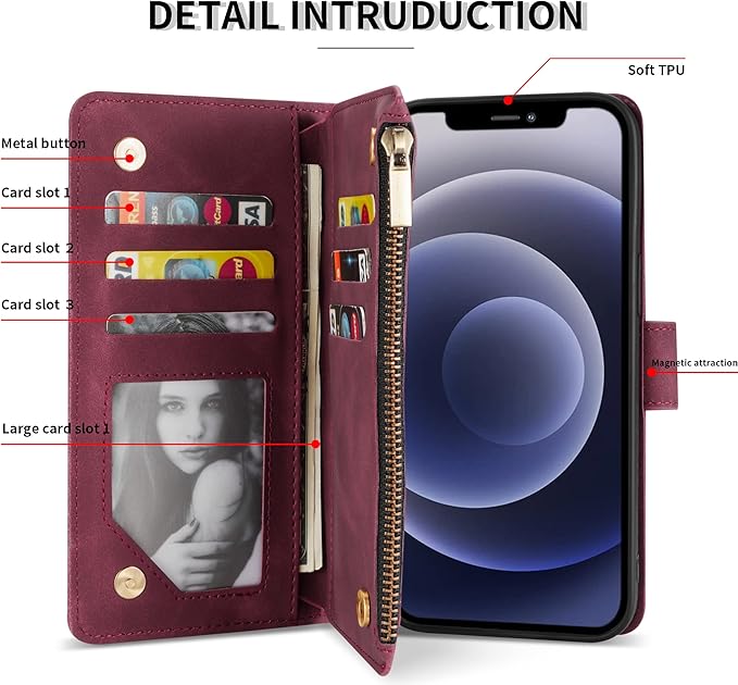ZZXX for iPhone 12 Pro Wallet Case with Card Slot Premium Soft PU Leather Zipper Folio with Wrist Strap Kickstand Protective for iPhone 12 (Wine Red 6.1 inch)