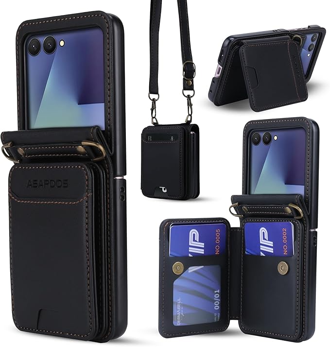 ASAPDOS for Samsung Galaxy Z Flip 7 PU Leather Wallet Phone Case with Card Slots (Holds 5 Cards), Anti-Drop Protection, Wrist & Shoulder Strap Black