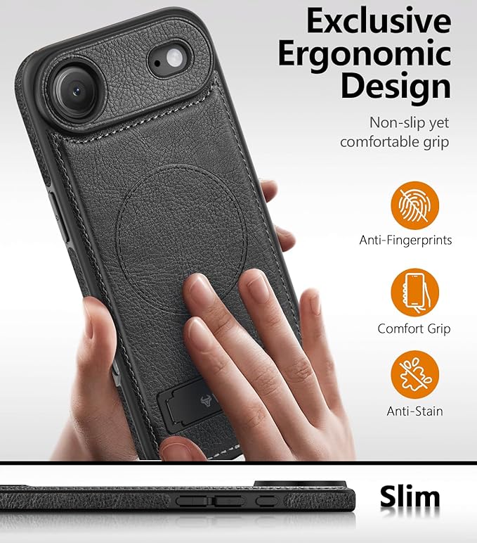 Magnetic for iPhone Air Leather Case,Built-in Invisible Stand [Compatible with Magsafe] Protective Slim Kickstand Phone Cover for iPhone Air Case, Black