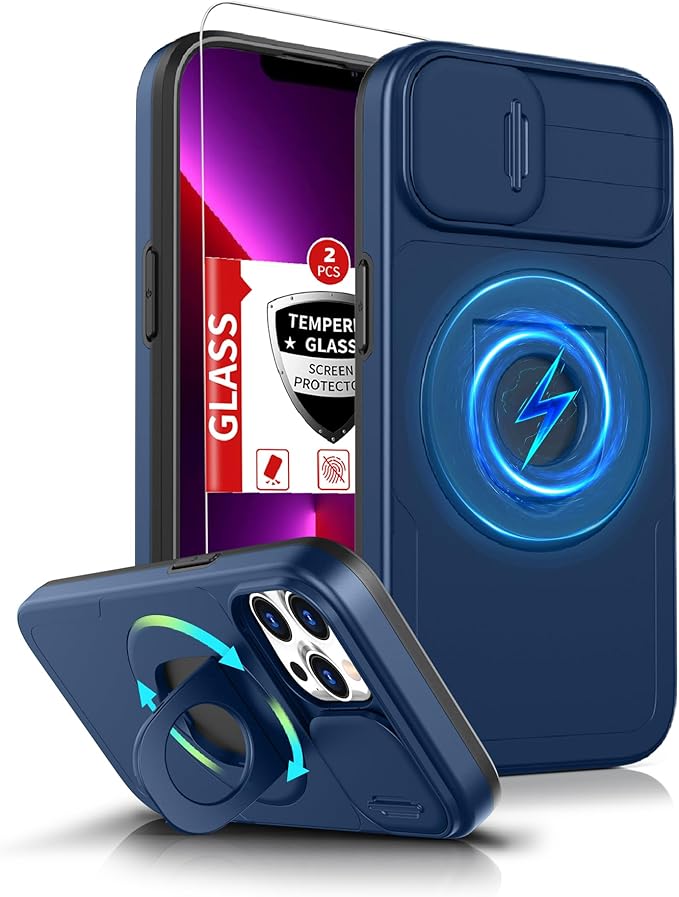 for iPhone 12 Pro Max Case Compatible with MagSafe Magnetic,with 2 Screen Protector,with Camera Cover&360°Kickstand Ring,Military Grade Drop Shockproof Heavy Duty Protection Phone Bumper Blue