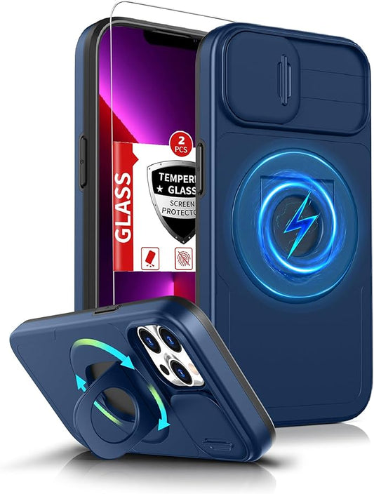 for iPhone 12 Pro Max Case Compatible with MagSafe Magnetic,with 2 Screen Protector,with Camera Cover&360°Kickstand Ring,Military Grade Drop Shockproof Heavy Duty Protection Phone Bumper Blue