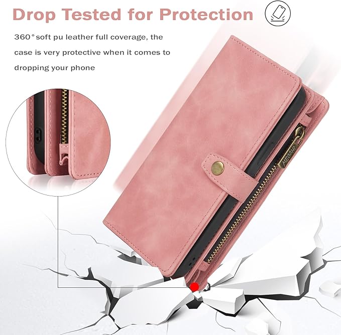 TwoHead Wallet Phone Case Compatible with Samsung Galaxy S24 Ultra | Card Holder, Detachable, Magnetic, PU Leather, All-Round Protective, Wrist Strap,Pink