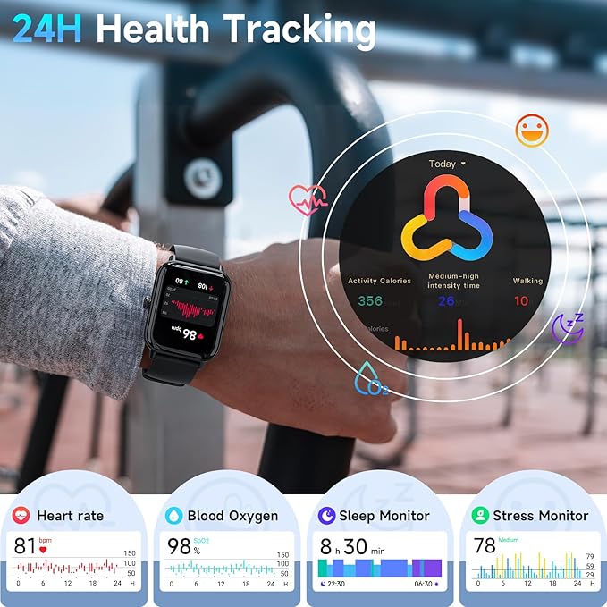 Smart Watches for Men Women Android & iPhone, Alexa Built-in, 1.85" Fitness Tracker with Answer/Make Calls, IP68 Waterproof Fitness Watch,Heart Rate, Sleep, SpO2 Monitor,Pedometer, Black