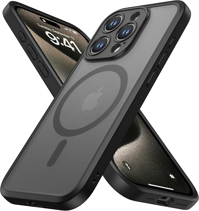 ImpactStrong Magnetic Guard Designed for iPhone 15 Pro Max Case [Camera Protection] [Military Grade Drop Tested] [Compatible with MagSafe] Slim Translucent Matte Phone Case (6.7") - Black