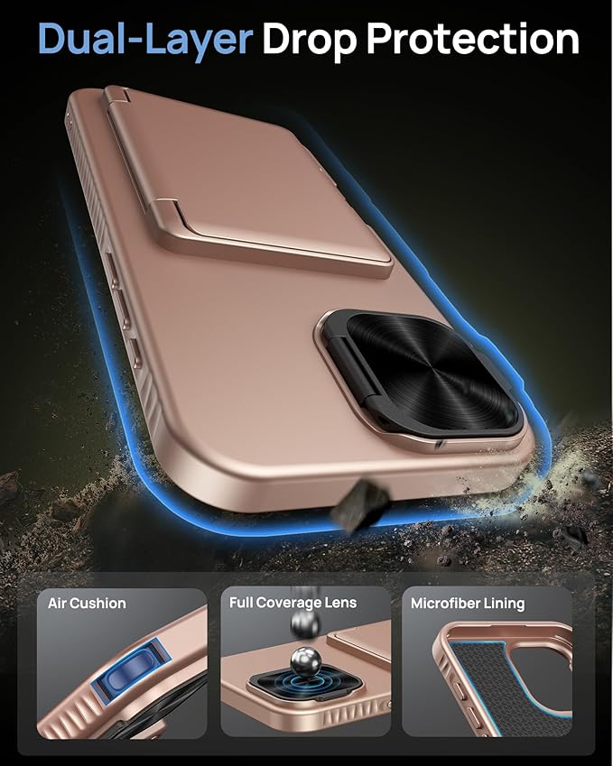 for iPhone 16 Plus Case with Card Holder & Camera Lens Cover & Stand, Military Grade Drop Protection Shockproof Rugged Kickstand Wallet Protective Phone Case for iPhone 16 Plus 2024, Rose Gold