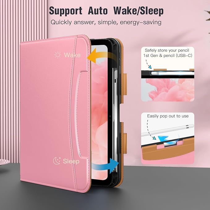 MoKo for iPad (A16) 11th Generation Case 11 inch 2025, iPad 10th Generation Case 10.9" 2022 with Pencil Holder & Pocket, Premium Leather Folio Stand Cover, Multiple Viewing Angles, Cinnamon Pink