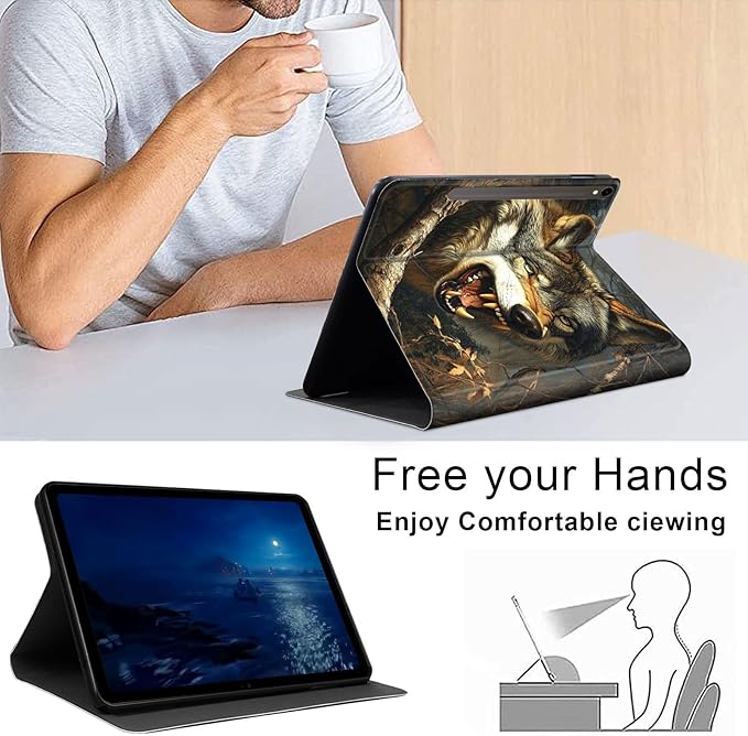 Case for Samsung Galaxy Tab S10 FE/ S9 FE 5G 10.9 Inch/Tab S9 11 Inch, Slim PU Leather Stand Cover with Auto Wake/Sleep, Multi-Angle Viewing & Shockproof, Fierce Wolf