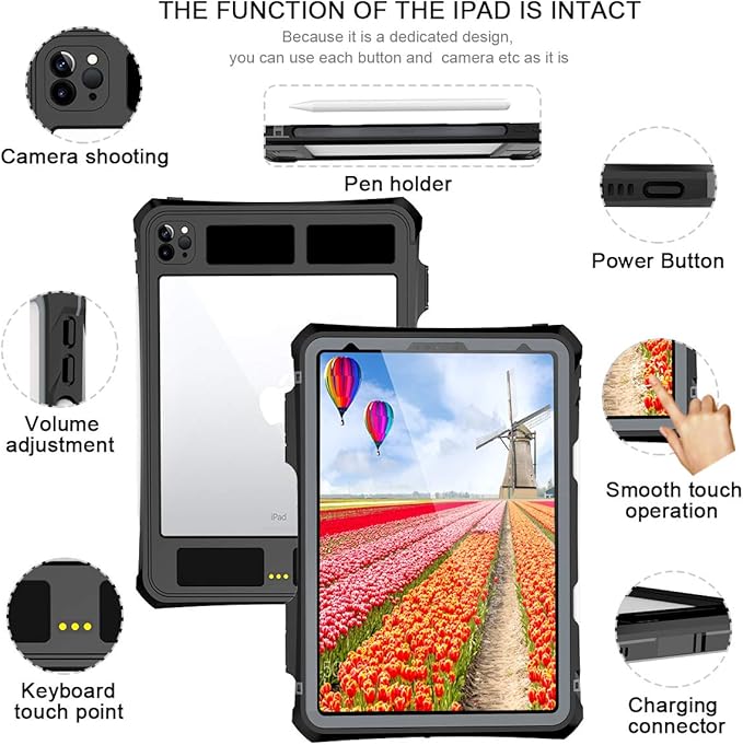 for iPad Pro 11 Case - Black Waterproof Case for iPad Pro 11 Inch 2020 2021 2022 New Clear Full Body Protection Bumper Case Shockproof Dustproof with Ring Stand Strap Built in Pen Holder