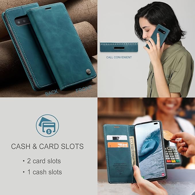 for Samsung Galaxy S10 Plus Case, Flip Wallet Leather Case with Card Holder Magnetic Closure Shockproof Kickstand Protective Phone Cases Cover for Samsung S10 Plus,Blue-Green