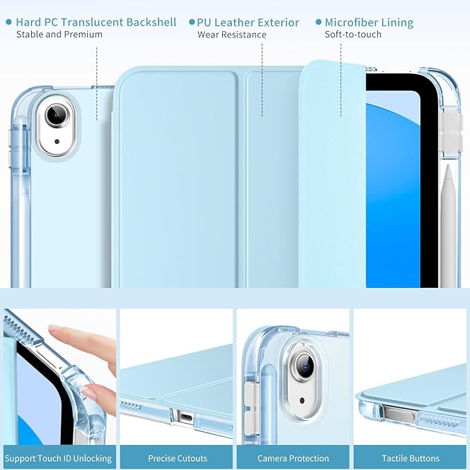 MoKo for iPad (A16) 11th Generation Case 11 Inch 2025, iPad 10th Generation Case 10.9 Inch 2022 with Pencil Holder, Slim Light Trifold Protective Cover with Hard PC Translucent Back Shell, Sky Blue
