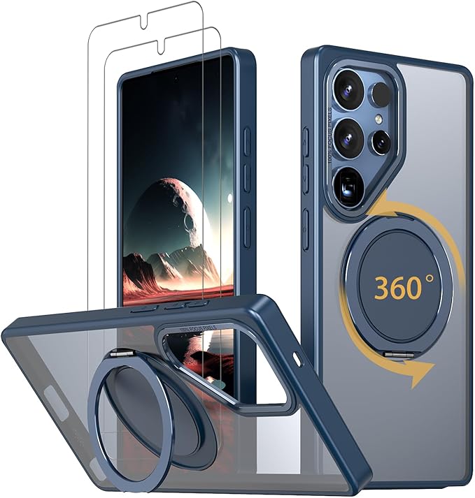 Magnetic Stand Case for Samsung Galaxy S25 Ultra [with 2 Tempered Glass Film] [360° Rotation Magnetic Stand] [Compatible with Magsafe] Military-Grade Drop Protection Case, Blue