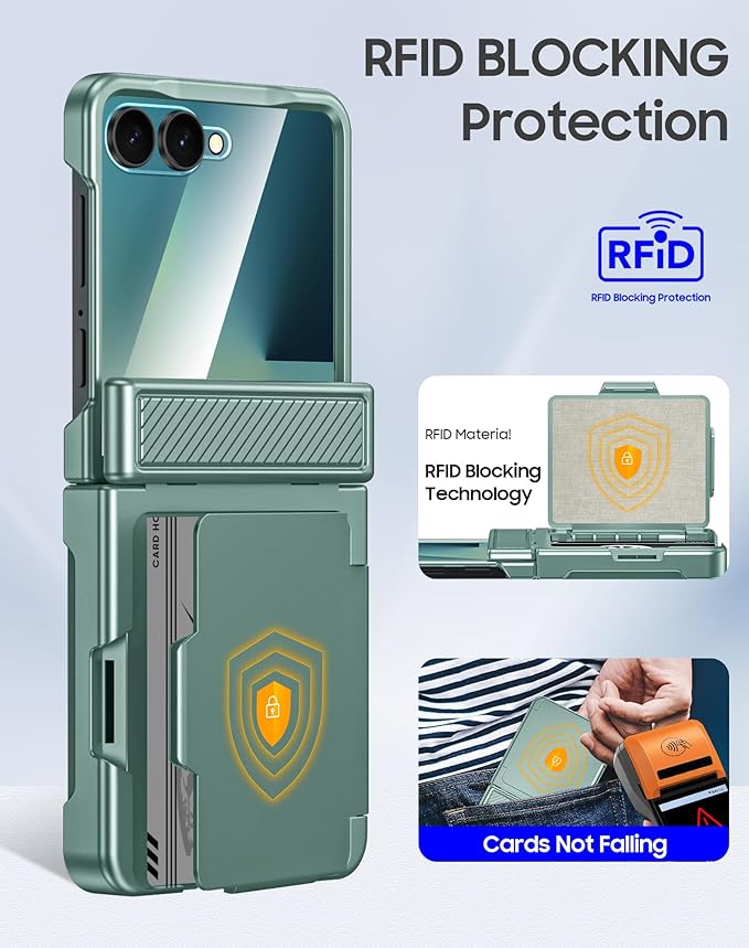 for Samsung Galaxy Z Flip 7 Case Wallet RFID Card Holder&Hinge Protection&HD Screen Protector, Full Body Shockproof Cover for Galaxy Z Flip 7(Mint Green)